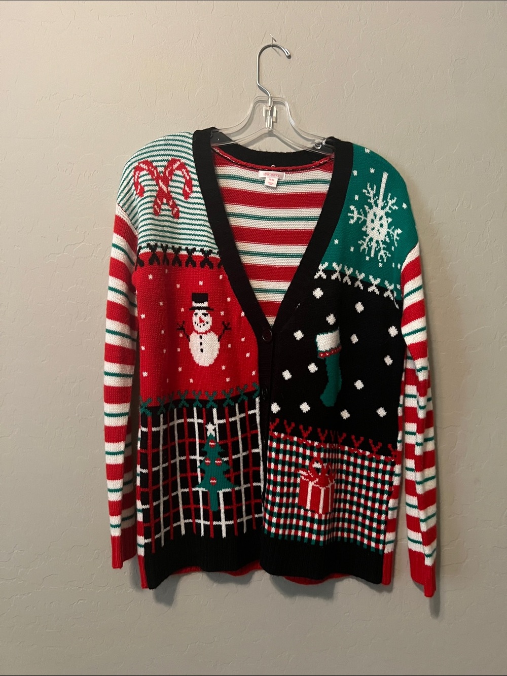 Festive Women’s Christmas Patchwork Cardigan Sweater - Red/Green/Black